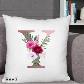Cadou Personalizat - Perna Personalizata Monograma Rose Gold Litera Y, 40x40 cm, Alb Pufos, Husa Detasabila, Perna Inclusa, BEKZ®