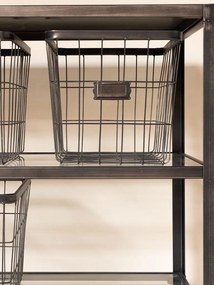 Etajeră metalică vintage în stil industrial, gri, cu 18 coșuri din sârmă și 6 rafturi din sticlă, 171,5 x 89 x 33,5 cm, „Factory”