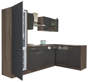 Mobilă de bucătărie de colț Yorki 280, corp din stejar Yorki, față antracit satinat, cu frigider sub blat