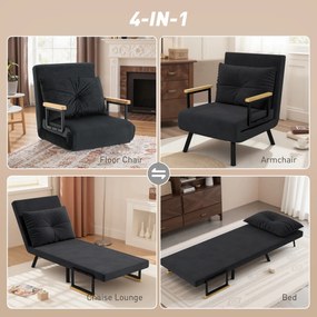 HOMCOM Canapea Extensibilă cu Spătar Reglabil pe 5 Nivele, Canapea Pat Individuală Pliabilă cu Perne, 63x73x81 cm, Negru | Aosom Romania