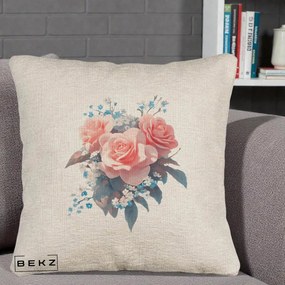 Perna Decorativa Trandafiri Roz cu Floricele Albastre, 40x40 cm, Bej Canapea, Husa Detasabila, Perna Inclusa, BEKZ®
