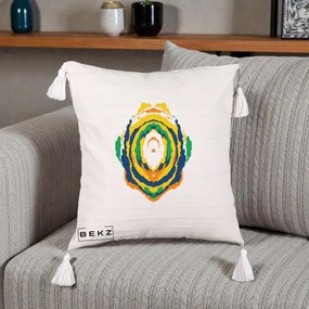 Perna Decorativa Oval Abstract Multicolor, 40x40 cm, Bej cu Franjuri, Husa Detasabila, Perna Inclusa, BEKZ®