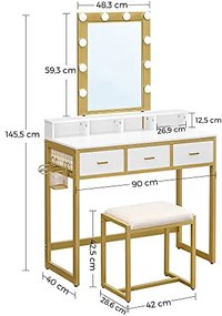 Masa de toaleta cu scaun si iluminare LED, PAL melaminat / metal, alb / auriu, Vasagle