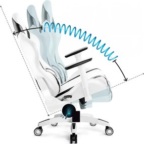 RESIGILAT- Scaun gaming, ergonomic, masaj pernă lombară, brațe reglabile 2D, piele PU, roți silențioase, rezistent 150 KG, Alb/Negru