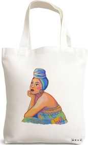 Sacosa de Panza pentru Cumparaturi, Geanta Tote, model Portret Vibrant 2, 38x34.5 cm, Alba, BEKZ®