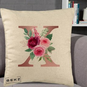 Cadou Personalizat - Perna Personalizata Monograma Rose Gold Litera X, 40x40 cm, Bej, Husa Detasabila, Perna Inclusa, BEKZ®