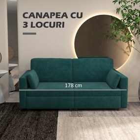 Canapea clasică cu 3 locuri cu scaun capitonat și arcuri, canapea din catifea pentru living și birou cu perne, 178x82x85cm verde HOMCOM | Aosom RO