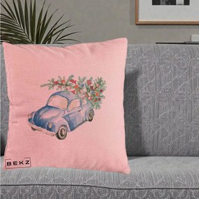 Perna Decorativa Masinuta Albastra cu Brad de Craciun, 40x40 cm, Roz, Husa Detasabila, Perna Inclusa, BEKZ®
