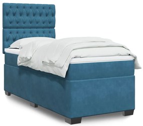 vidaXL Pat box spring cu saltea, albastru, 90x190 cm, catifea