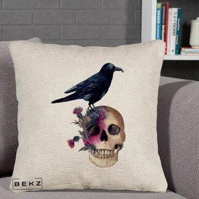 Perna Decorativa Craniu cu Corb si Flori Gothic, 40x40 cm, Bej Canapea, Husa Detasabila, Perna Inclusa, BEKZ®