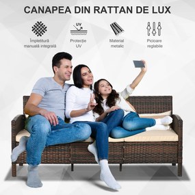 Outsunny Canapea de exterior cu 3 locuri, din ratan PE, cu perne confortabile și detașabile, 173x68x78 cm, maro | Aosom Romania