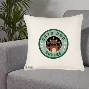 Perna Personalizata Cats and Coffee Starbucks, 40x40 cm, Crem Reliefat, Husa Detasabila, Perna Inclusa, BEKZ®