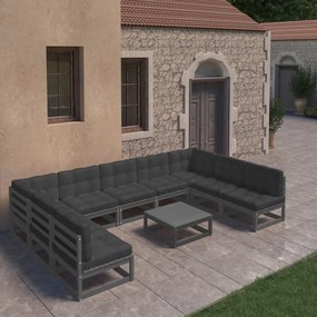 3077203 vidaXL Set mobilier grădină cu perne, 10 piese, negru, lemn masiv pin