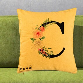 Cadou Personalizat - Perna Personalizata Monograma Florala Litera C, 40x40 cm, Galben, Husa Detasabila, Perna Inclusa, BEKZ®