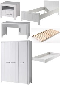 Set Mobilier Cameră Copii ERIK, pat 90x200 cm, dulap cu 3 uși, birou, noptieră și sertar, alb – Vipack