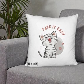 Perna Personalizata Take It Easy Cat, 40x40 cm, Alb Pufos, Husa Detasabila, Perna Inclusa, BEKZ®