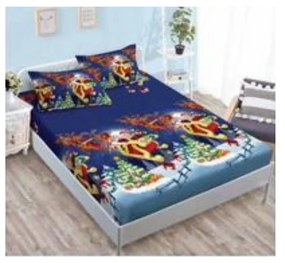 Lenjerie de pat Mos Craciun cu elastic, tesatura tip finet, pat 2 persoane, albastru inchis, 6 piese, QT-12