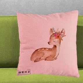 Perna Decorativa Caprioara cu Flori in Coama, 40x40 cm, Roz, Husa Detasabila, Perna Inclusa, BEKZ®