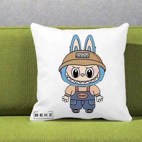 Perna Personalizata Labubu Toanart Blugi, 40x40 cm, Alba Mata, Husa Detasabila, Perna Inclusa, BEKZ®