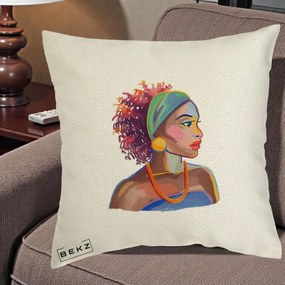Perna Decorativa Portret Femeie Urbana Acuarela, 40x40 cm, Ecru, Husa Detasabila, Perna Inclusa, BEKZ®