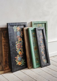 Tavă din lemn reciclat pictată manual cu motive florale tradiționale, 55×28×H2 cm, „WE ♡ RECYCLING"