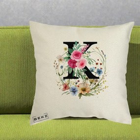 Cadou Personalizat - Perna Personalizata Monogram Litera K cu Flori Acuarela, 40x40 cm, Ecru, Husa Detasabila, Perna Inclusa, BEKZ®