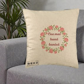 Cadou pentru Bunica - Perna Personalizata Cea Mai Buna Bunica Coronita Trandafiri Roz Clasic, 40x40 cm, Bej, Husa Detasabila, Perna Inclusa, BEKZ®