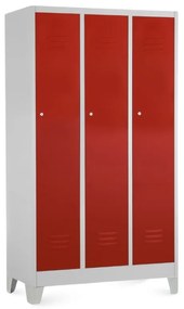 Dulap metalic - 3 compartimente, 90 x 50 x 160 cm, picioare fixe, încuietoare cilindrică, roșu - ral 3000