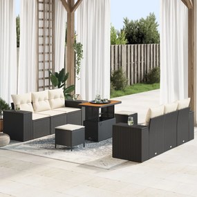 vidaXL Set de canapea de grădină , 9 piese, cu perne, din ratan negru și acacia.