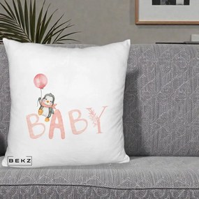 Perna Personalizata Baby Pinguin Roz, 40x40 cm, Alb Pufos, Husa Detasabila, Perna Inclusa, BEKZ®