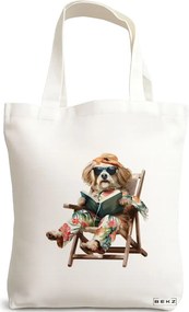 Sacosa de Panza pentru Cumparaturi, Geanta Tote, model Reading puppy 17 38 x 34.5 cm, Alba, BEKZ®