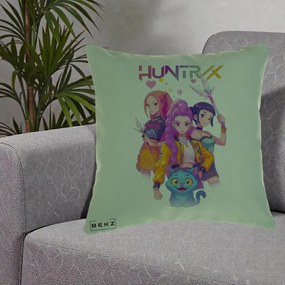 Perna Personalizata K-pop HUNTRX Trio Foto cu Pisica, 40x40 cm, Verde, Husa Detasabila, Perna Inclusa, BEKZ®