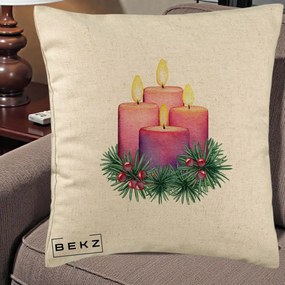 Perna Decorativa Lumanari Advent Roz-Violet, 40x40 cm, Bej, Husa Detasabila, Perna Inclusa, BEKZ®