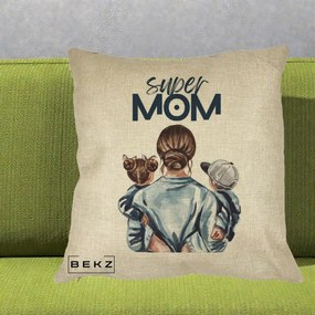 Cadou pentru Mama - Perna Personalizata Super Mom, 40x40 cm, Crem, Husa Detasabila, Perna Inclusa, BEKZ®
