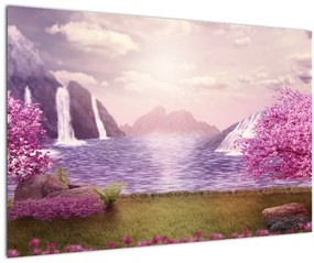 Tablou cu pomi roz cu lac (90x60 cm)