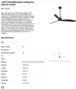 Ventilator de tavan cu telecomanda design modern JUST FAN negru