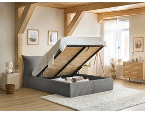 Pat matrimonial gri tapițat cu spațiu de depozitare cu somieră 180x200 cm Jade – Bobochic Paris