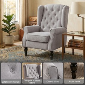 HOMCOM Fotoliu Chesterfield Gri, Confortabil, Comod și Spațiu Generos pentru Living, 74x86x102 cm | Aosom Romania
