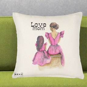 Cadou pentru Mama - Perna Personalizata Love Mom Rochii Roz, 40x40 cm, Crem Reliefat, Husa Detasabila, Perna Inclusa, BEKZ®