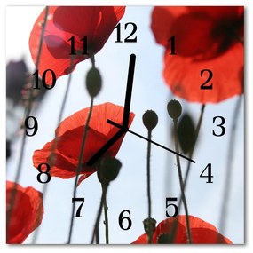 Ceas de perete din sticla pătrat Poppy Flori &amp; Plante Red