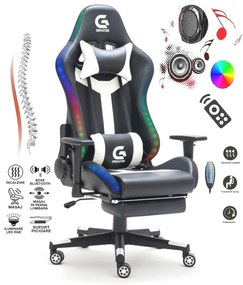 Scaun gaming, Masaj in 7 puncte, Incalzire, sistem iluminare bandă LED RGB, boxe Bluetooth, masaj în perna lombară, sezut benzi elastice sustinere, funcție șezlong, 90-180 grade, suport picioare, Negru/Alb