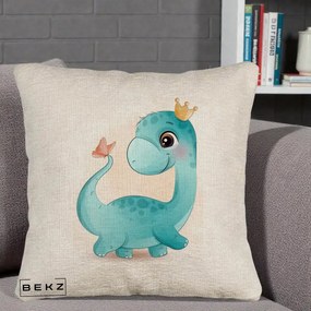 Perna Personalizata Dinozaur Bland Coroana Kawaii, 40x40 cm, Bej Canapea, Husa Detasabila, Perna Inclusa, BEKZ®
