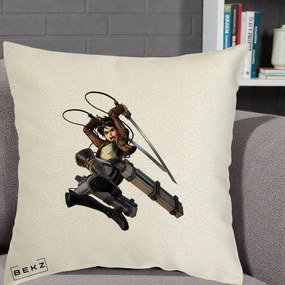 Perna Personalizata Attack on Titan Eren Yeager Lupta, 40x40 cm, Ecru, Husa Detasabila, Perna Inclusa, BEKZ®