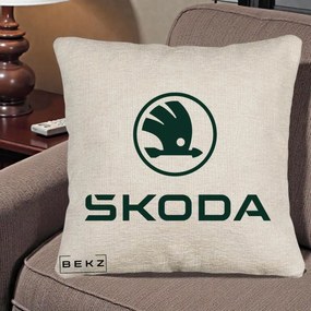 Perna Personalizata cu emblema Skoda, 40x40 cm, Bej Canapea, Husa Detasabila, Perna Inclusa, BEKZ®
