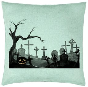 Perna Decorativa cu motiv Cimitir de Halloween, 40x40 cm, Verde Menta, Husa Detasabila, Burduf