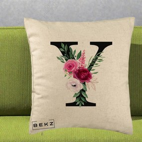 Cadou Personalizat - Perna Personalizata Monograma Florala Litera Y cu Buchet, 40x40 cm, Bej, Husa Detasabila, Perna Inclusa, BEKZ®