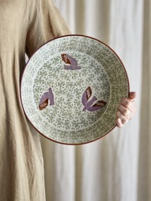 Bol din ceramică cu păsări lila și motive florale verzi pictate manual, 28×9 cm, „Hezha"