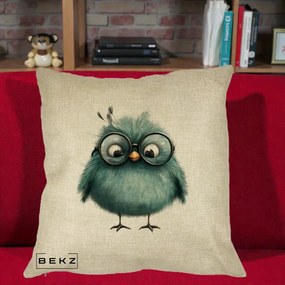 Perna Decorativa Pui Teal cu Ochelari Rotunzi, 40x40 cm, Crem, Husa Detasabila, Perna Inclusa, BEKZ®