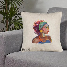 Perna Decorativa Portret Femeie Urbana Acuarela, 40x40 cm, Bej Canapea, Husa Detasabila, Perna Inclusa, BEKZ®