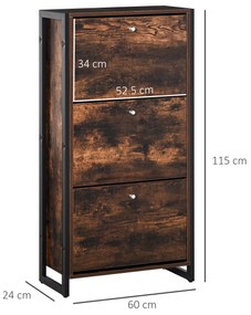 Mobilier Suport de Pantofi Economisire Spatiu Stil Industrial pentru 12 Perechi, Lemn si Metal, 60x24x115cm Maro si Negru HOMCOM | Aosom RO